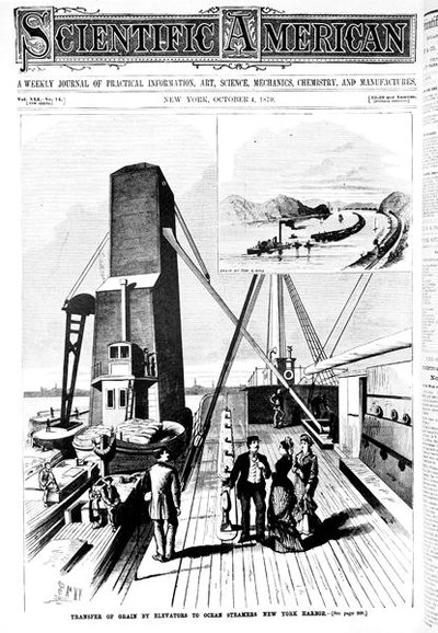 Trasferimento di grano tramite elevatori a piroscafi oceanici, Porto di New York, copertina di Scientific American, 4 ottobre 1879 da American School